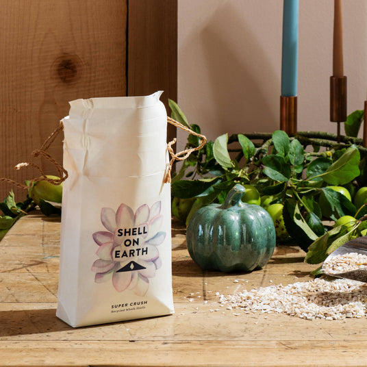 Bag of 'Shell on Earth' coffee on a wooden table with decorative elements