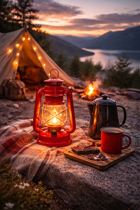 Camping scene with a lantern, coffee pot, and mug by a campfire with a scenic view of mountains and lake.