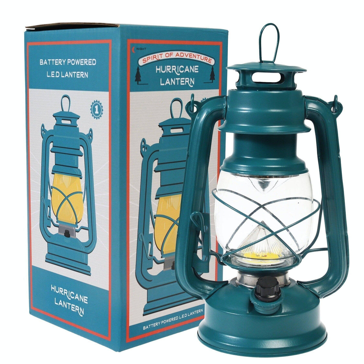 Teal battery-powered LED hurricane lantern with packaging on a white background
