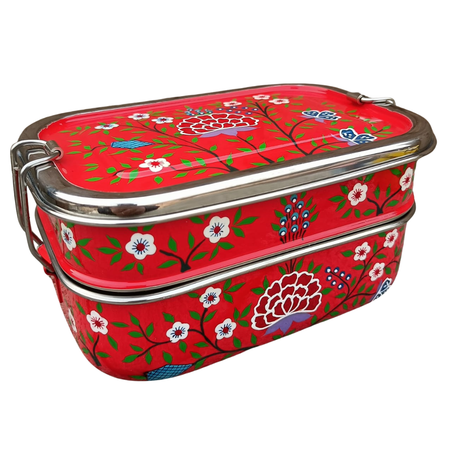 Red floral-patterned double-decker lunch box on a white background