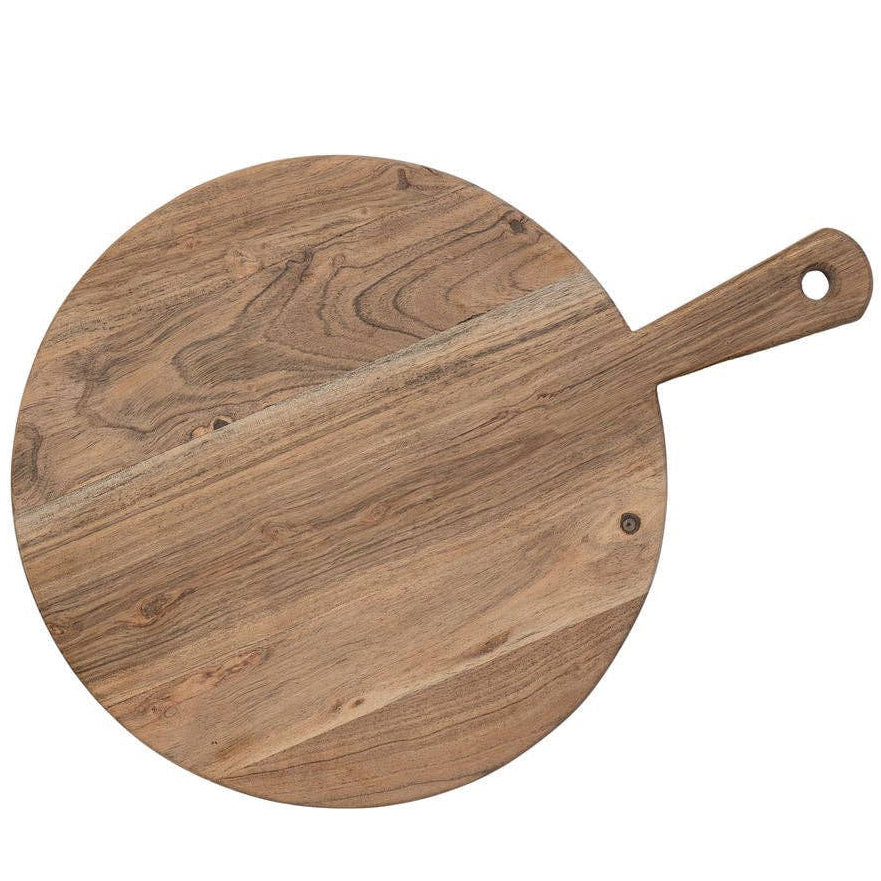 Round wooden cutting board with a handle on a white background