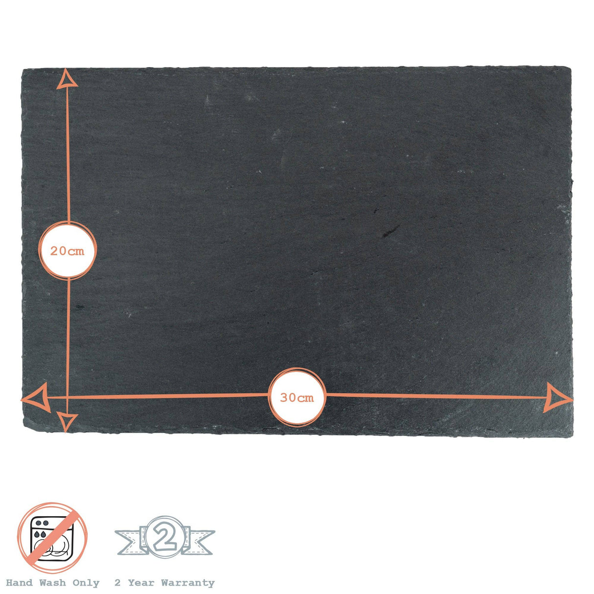 Black slate tray with measurements and washing instructions on a white background