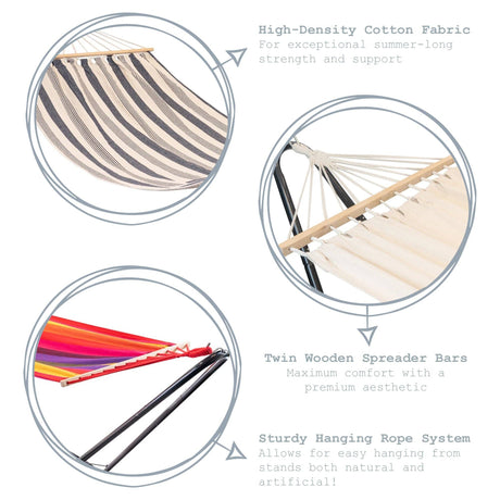 Three hammocks with different color patterns on a white background, featuring text about material and design.