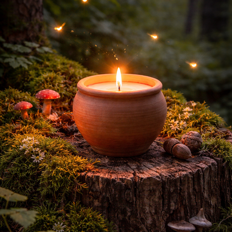 Candle in a terracotta pot on a wooden stump surrounded by nature