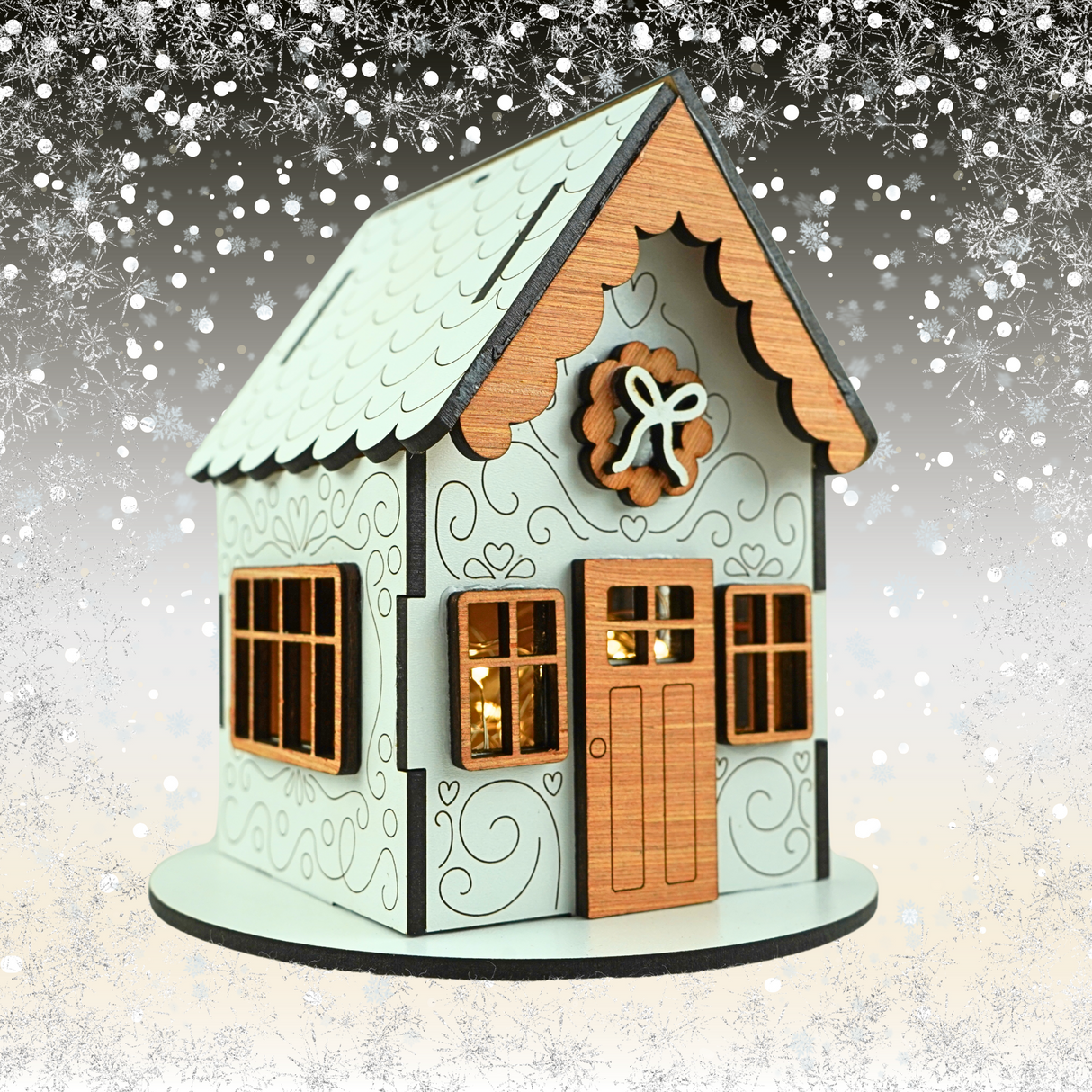 Wooden Christmas Gingerbread House for LED Candle Light - White House with Wooden detail