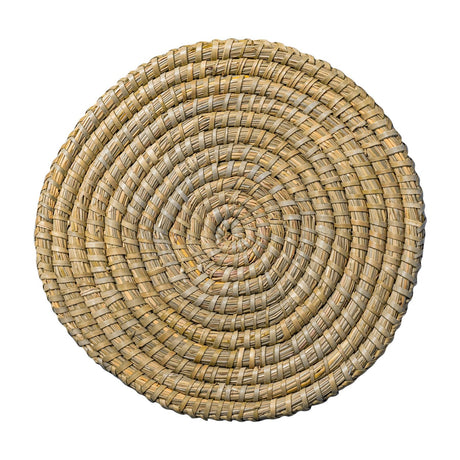 Round woven placemat with a spiral pattern on a white background