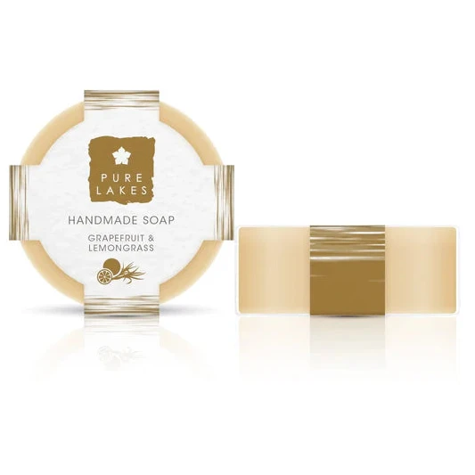 Handmade soap with 'Pure Lakes' branding on a white background