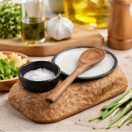 Collage of a kitchen scene with a wooden cutting board, salt, and wooden spoon.
