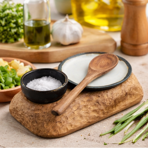 Collage of a kitchen scene with a wooden cutting board, salt, and wooden spoon.