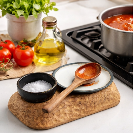 Collage of a kitchen scene with a wooden cutting board, salt, and wooden spoon.