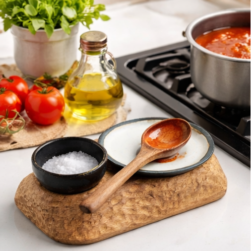 Collage of a kitchen scene with a wooden cutting board, salt, and wooden spoon.