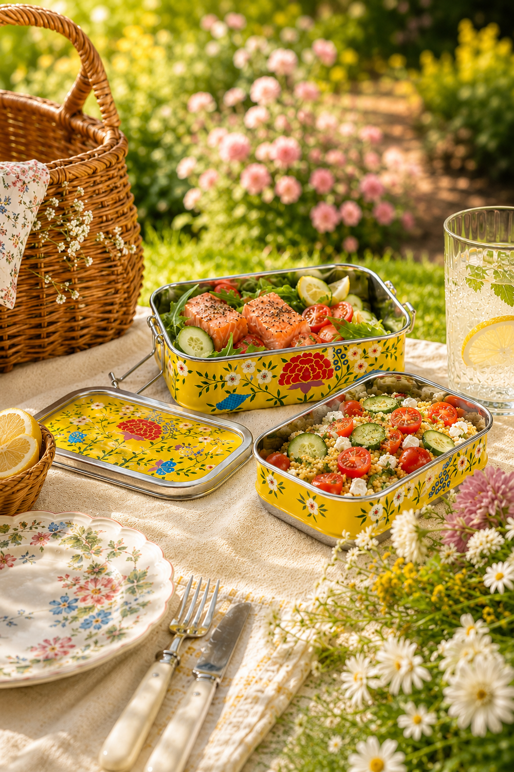 Yellow Floral Garland Hand Painted Stainless Steel Tiffin Lunch Box