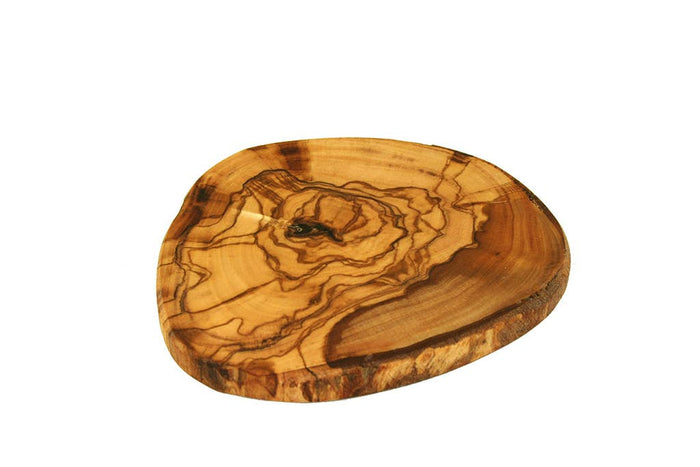 Wooden cutting board with a natural grain pattern on a white background