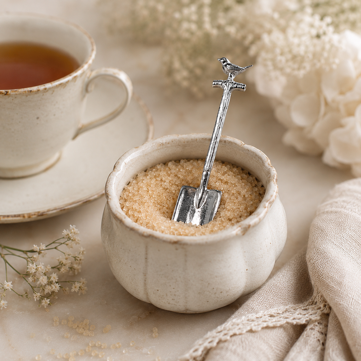 silver Sugar spoon spade with a robin on the handle.  