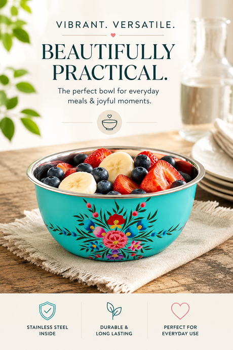 Turquoise bowl with floral design filled with fruit on a wooden table, surrounded by text about the bowl's features.