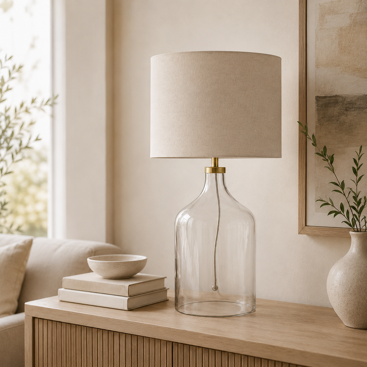 Decorative lamp with clear base and beige shade on a wooden side table in a living room.