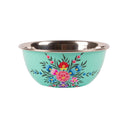 Turquoise bowl with floral design on a white background