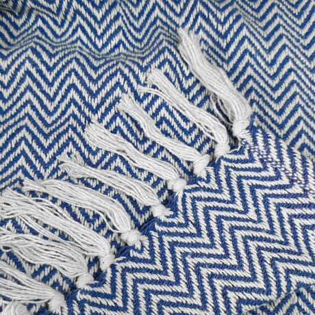 Close-up of a blue and white zigzag patterned fabric with tassels.