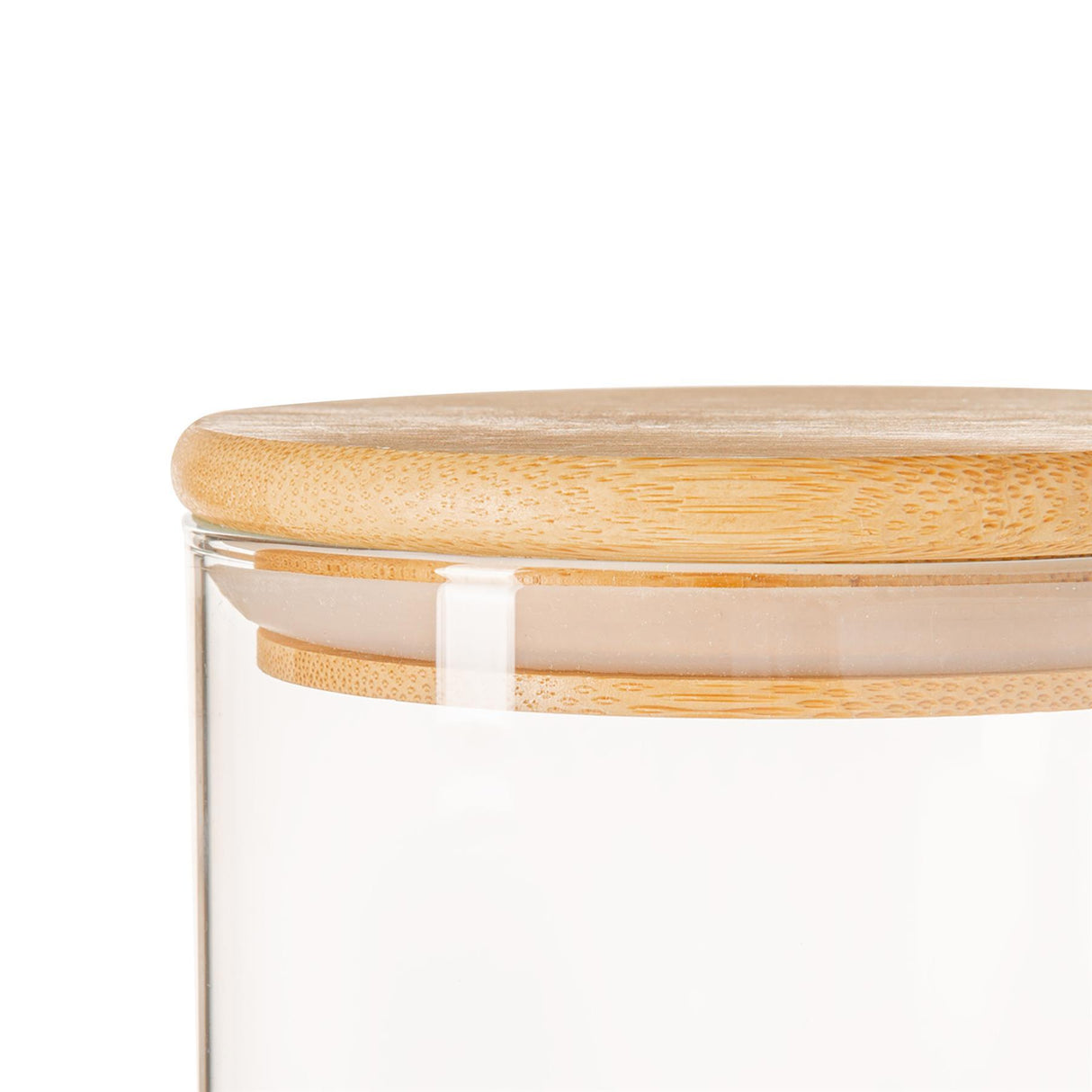 Glass container with a wooden lid on a white background