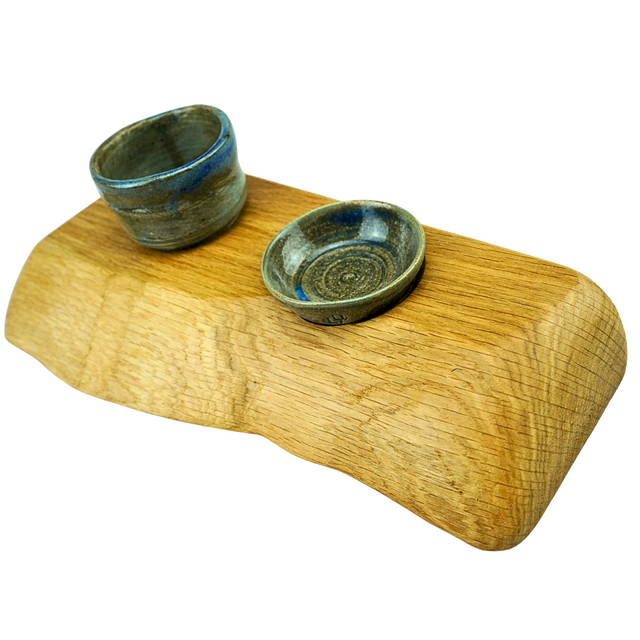 Light Oak Serving Board With Two Dipping Pots
