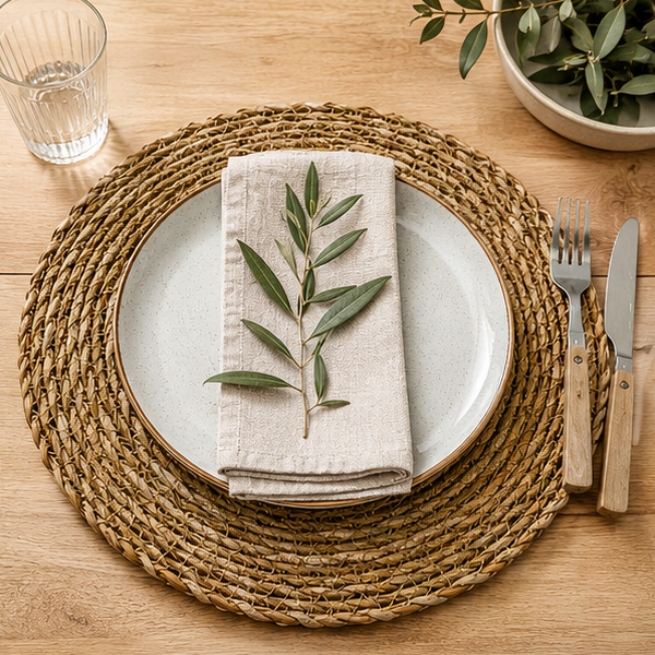 Round woven placemat on a wooden surface with a table setting.