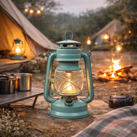 Camping scene with a lantern, campfire, and tents in the background