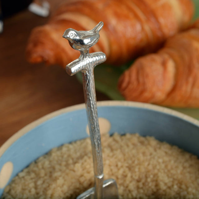 Robin on a Spade Pewter Small Sugar Spoon