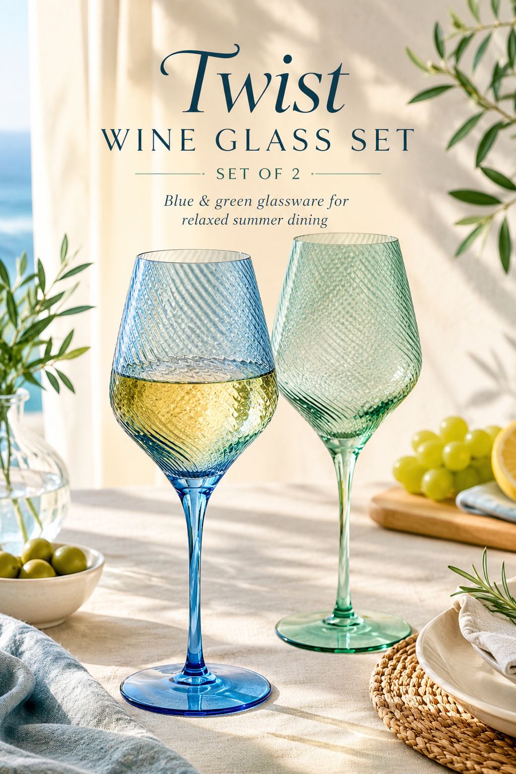 Twist Coloured Wine Glasses Set of 2 – Blue & Green Handmade 550ml Glasses