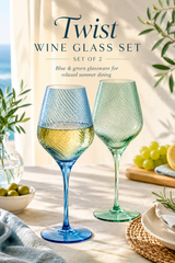 Twist Coloured Wine Glasses Set of 2 – Blue & Green Handmade 550ml Glasses