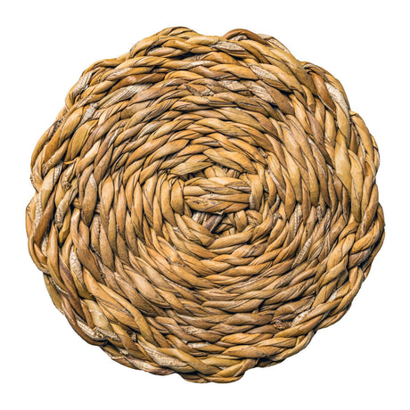 Round woven mat made of natural fibers on a white background
