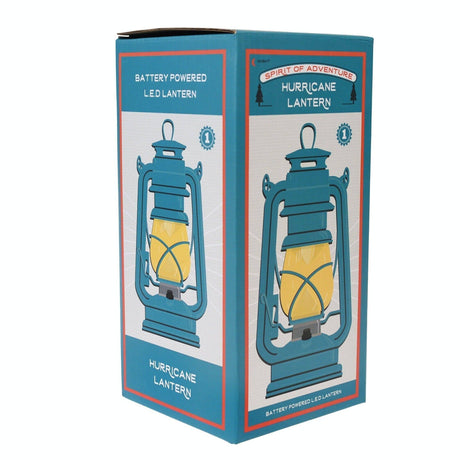Box packaging of a battery-powered LED hurricane lantern with blue and yellow design.