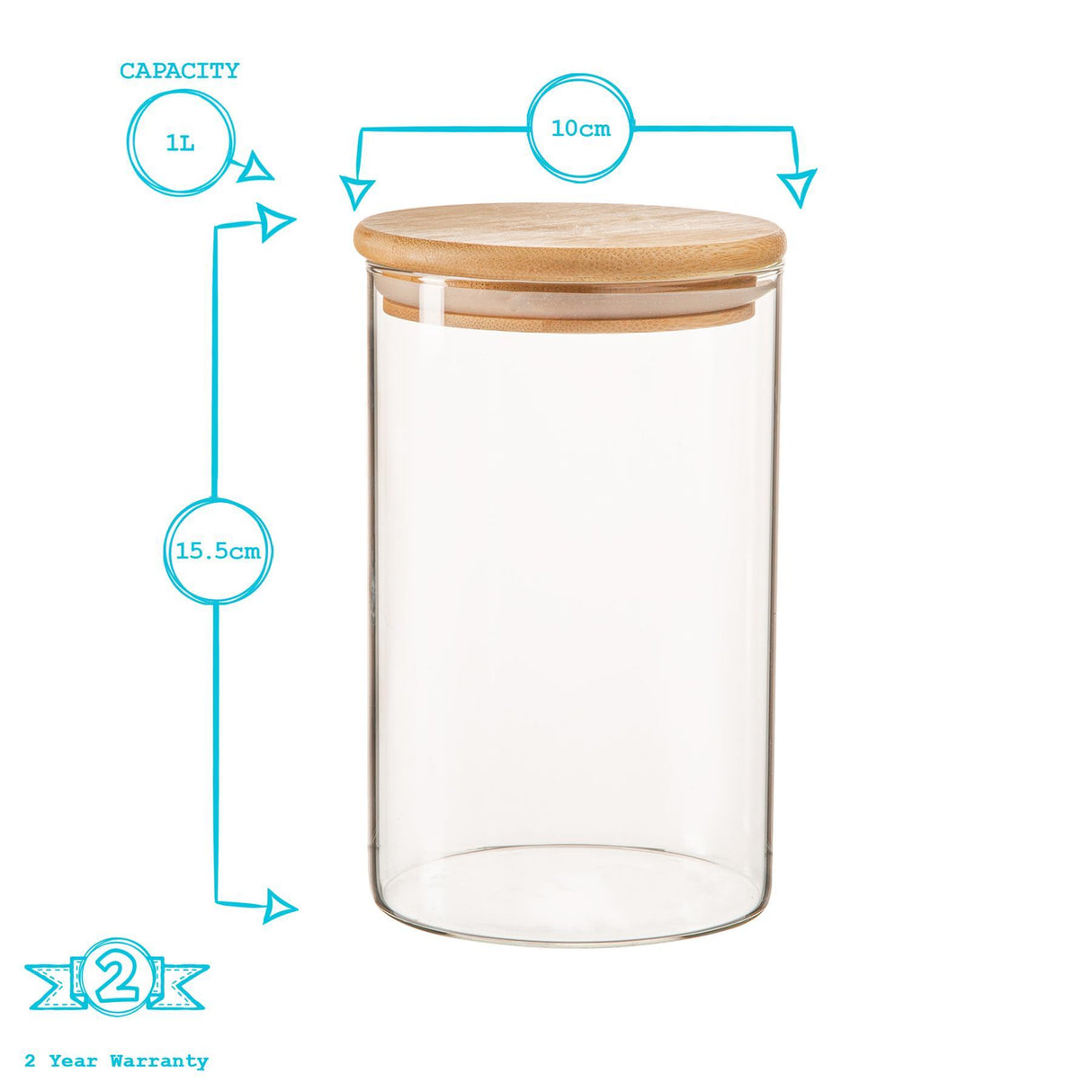 Glass jar with wooden lid and measurements on a white background