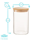 Glass jar with wooden lid and measurements on a white background