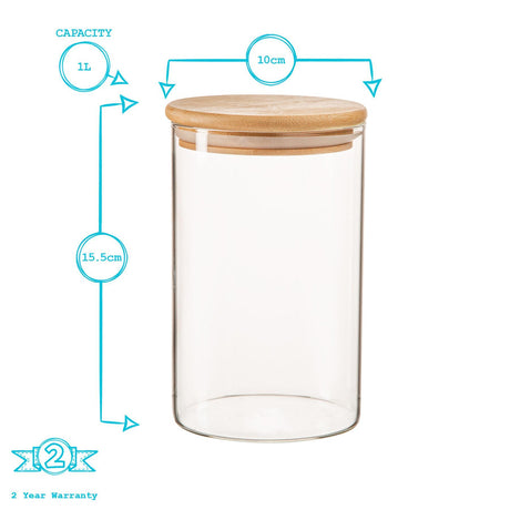 Glass jar with wooden lid and measurements on a white background