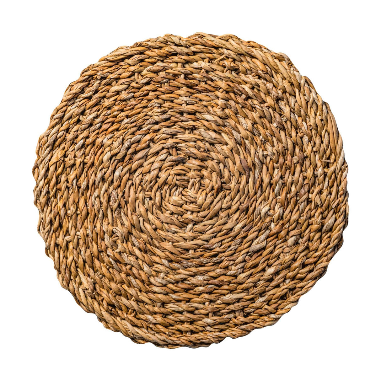Round woven placemat on a white background