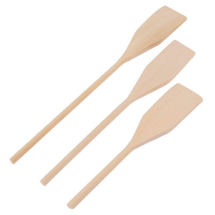 Three wooden paddles of varying sizes on a white background
