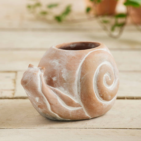 Ceramic snail-shaped planter with spiral design on a wooden surface