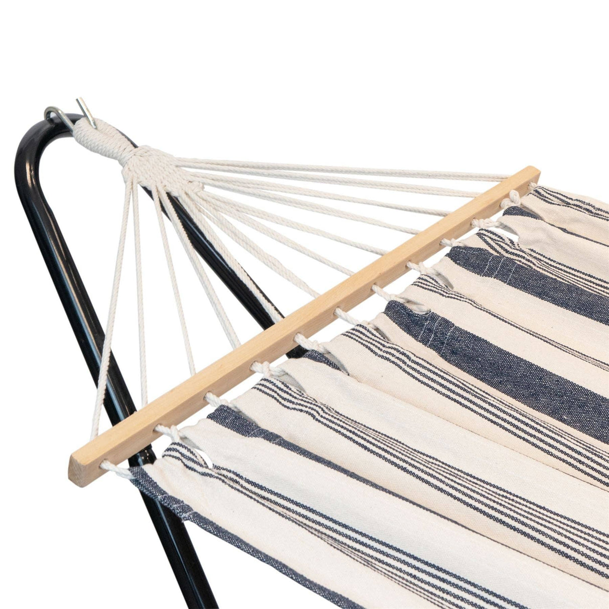 Striped hammock with wooden slats on a metal stand against a white background