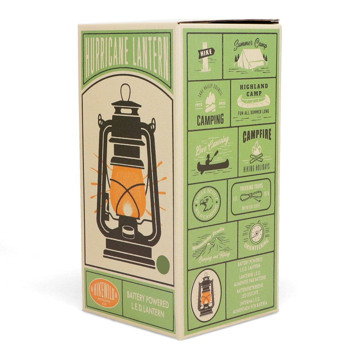 Box packaging of a hurricane lantern with illustrations and text on a white background