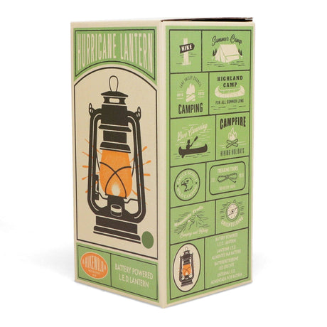 Box packaging of a hurricane lantern with illustrations and text on a white background