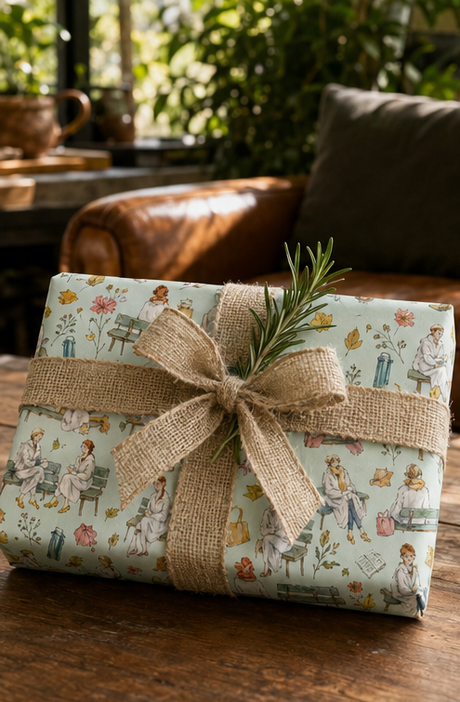 A gift box wrapped in a light blue green wrapping paper with a colourful vintage-style illustration pattern, of lady's sat on benches, with a rustic burlap ribbon and a green sprig, set on a wooden table in a cozy indoor setting.