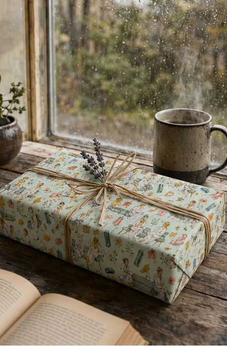 A gift box wrapped in a light blue green wrapping paper with a colourful vintage-style illustration pattern, of lady's sat on benches, with twine bow sits on a rustic wooden windowsill next to a ceramic mug and an open book, with a rainy outdoor scene visible in the background.