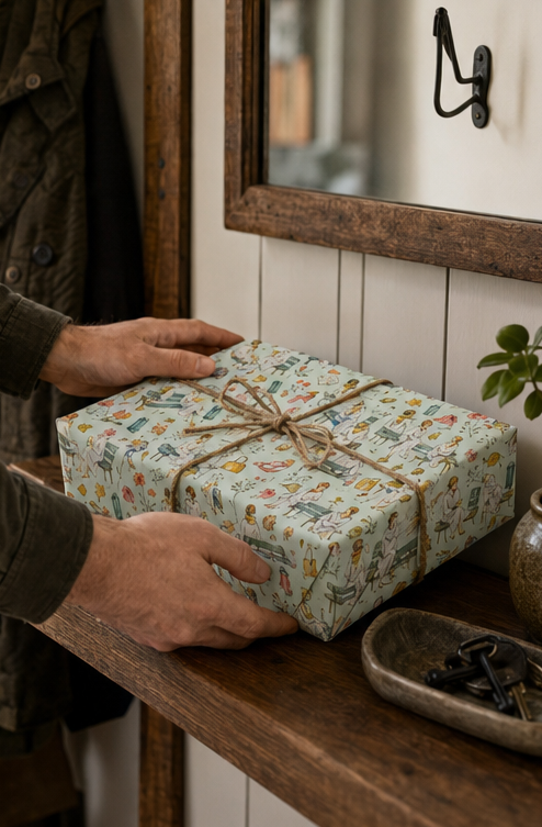 A gift box wrapped in a light blue green wrapping paper with a colourful vintage-style illustration pattern, of lady's sat on benches, tied with a rustic jute twine bow, being held by a person on a wooden shelf.