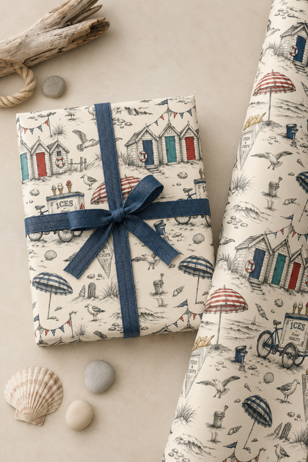 A Very British Seaside wrapping paper with vintage coastal pencil sketch artwork.