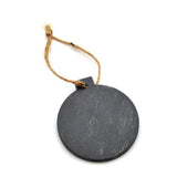 A bauble black slate hanging ornament with a natural jute twine loop at the top, shown on a plain white background.