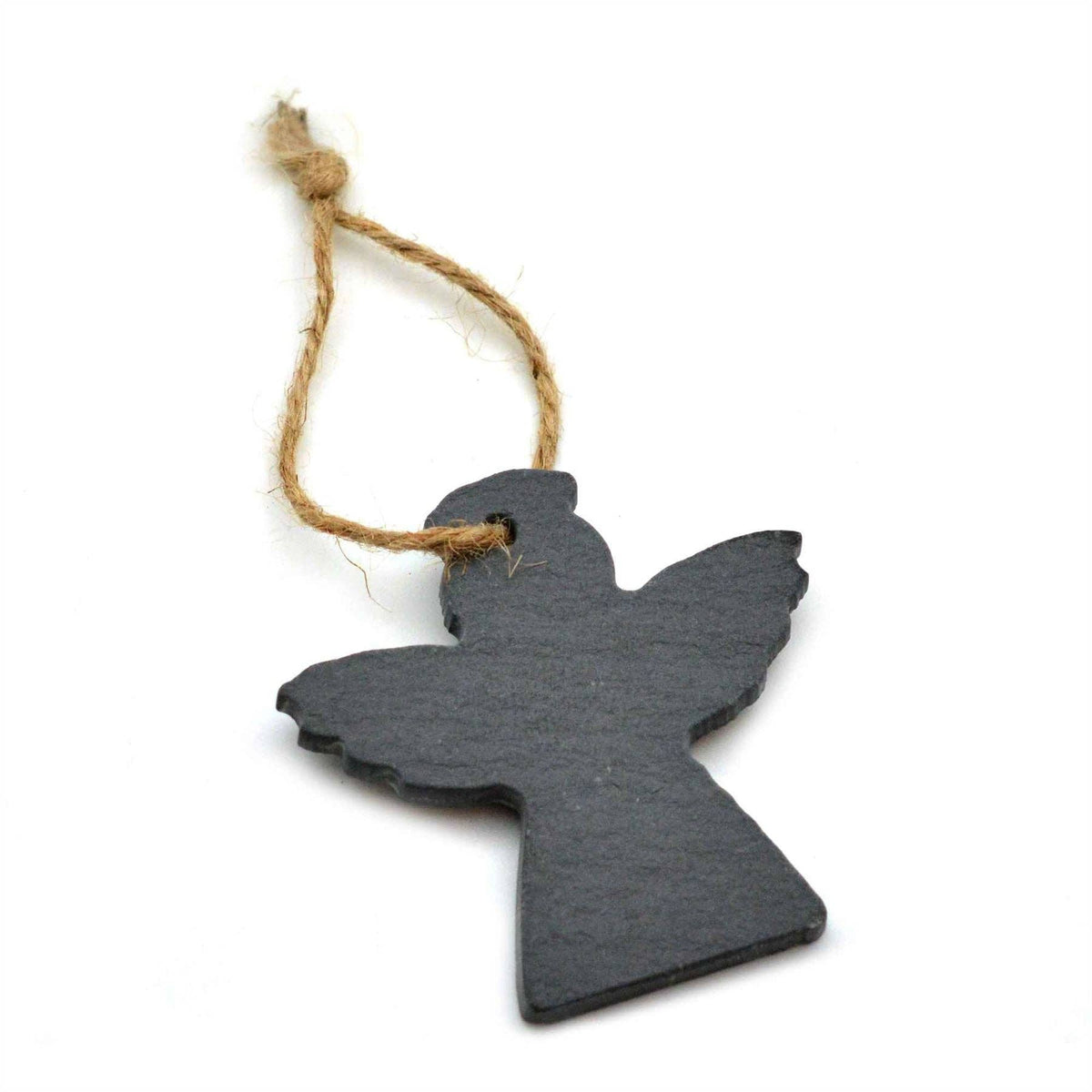 A dark grey slate angel-shaped hanging ornament with a natural jute twine loop, shown on a plain white background.