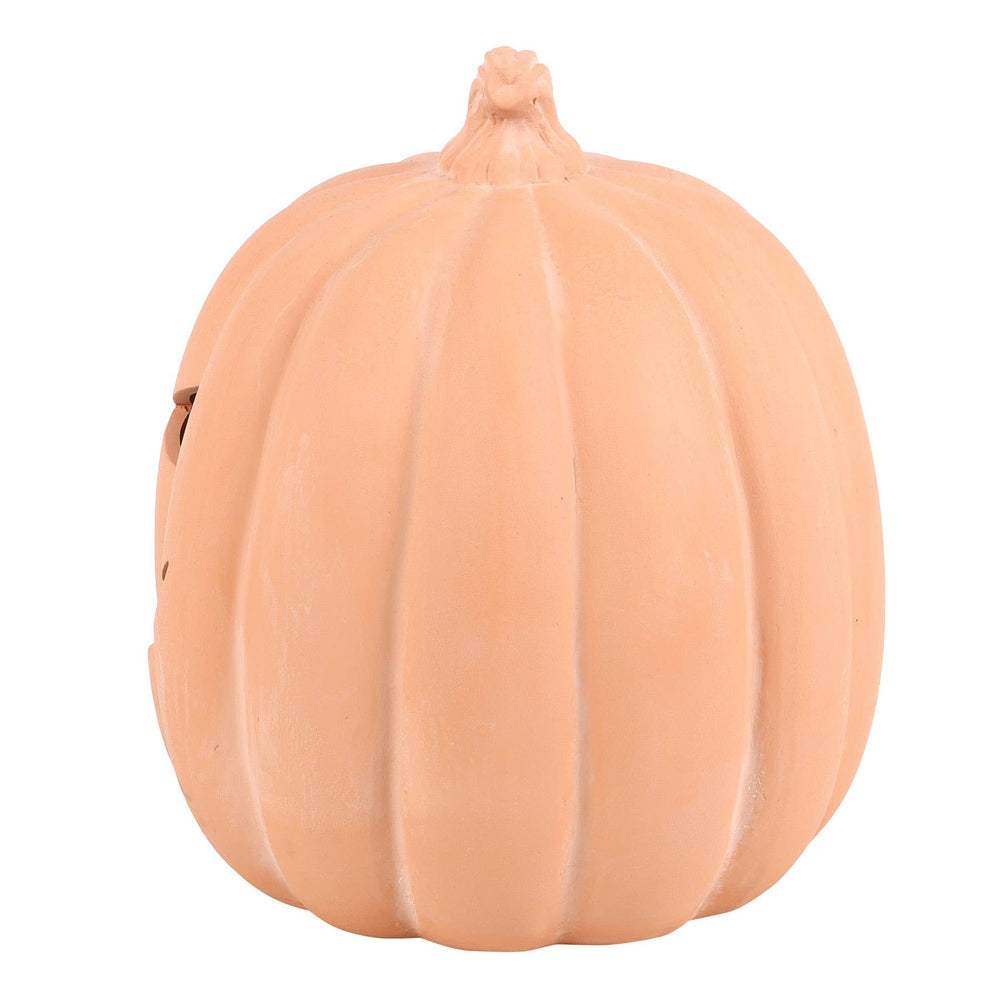 A decorative terracotta orange pumpkin-shaped decoration 