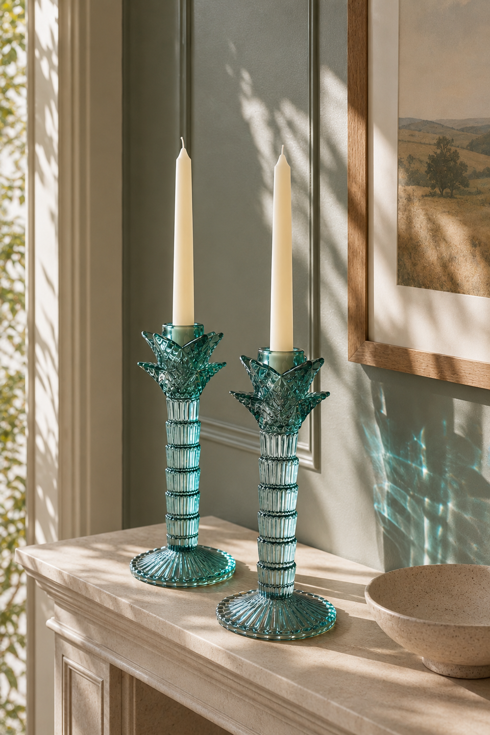 A pair of tall green glass candlestick holders with ribbed palm-tree stems, leafy tops and fluted bases.