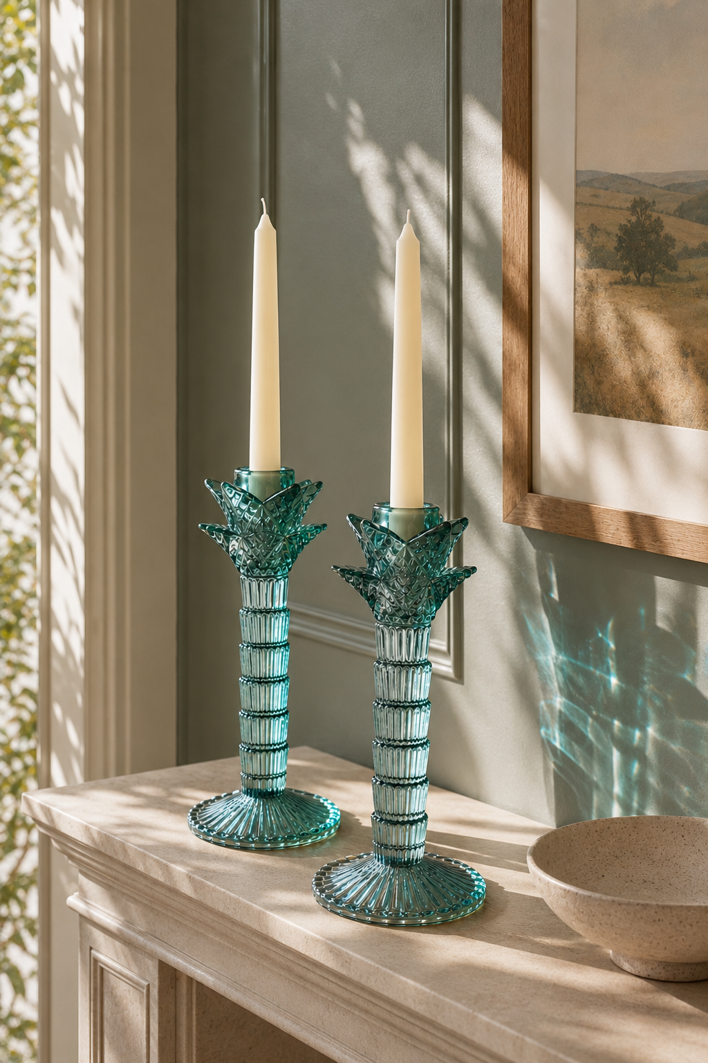 A pair of tall green glass candlestick holders with ribbed palm-tree stems, leafy tops and fluted bases.