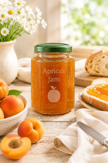 A personalised Jar of apricot jam  with a green lid on a table with apricots, bread, and flowers.